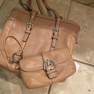 Classic tan Coach bucket tote with wristlet
